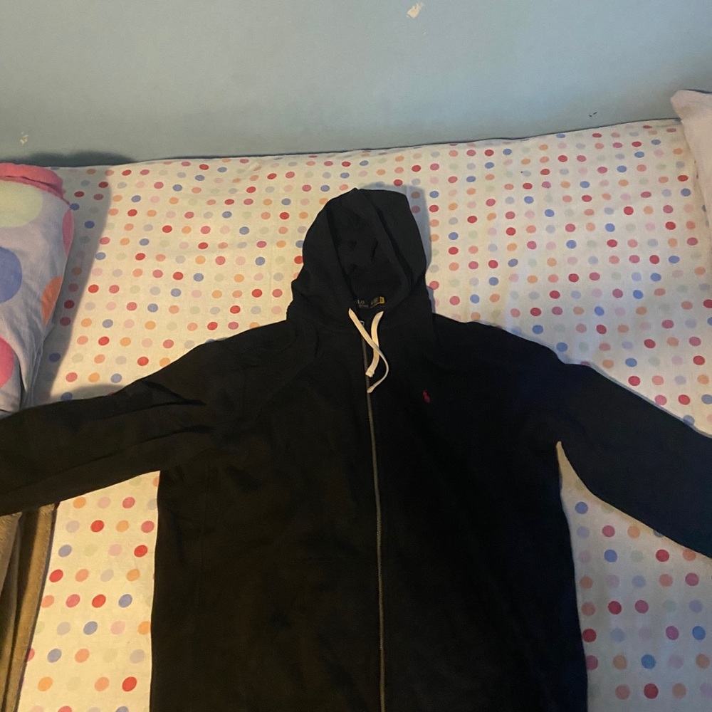 Black polo hoodie with red logo